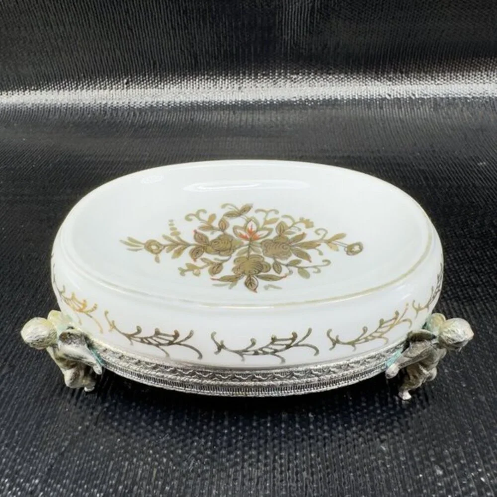 Vintage TAJ Japan Metal Cherubs Footed Porcelain Soap Dish Trinket Dish Holder‎